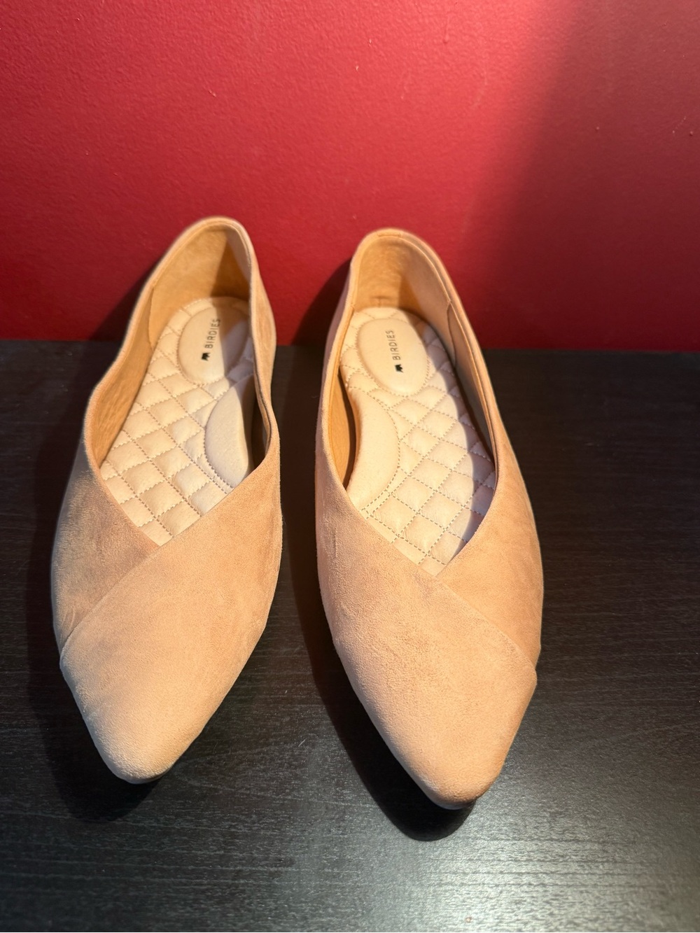Women’s Beige Birdies Pointed Suede Flats, Sz 7.5